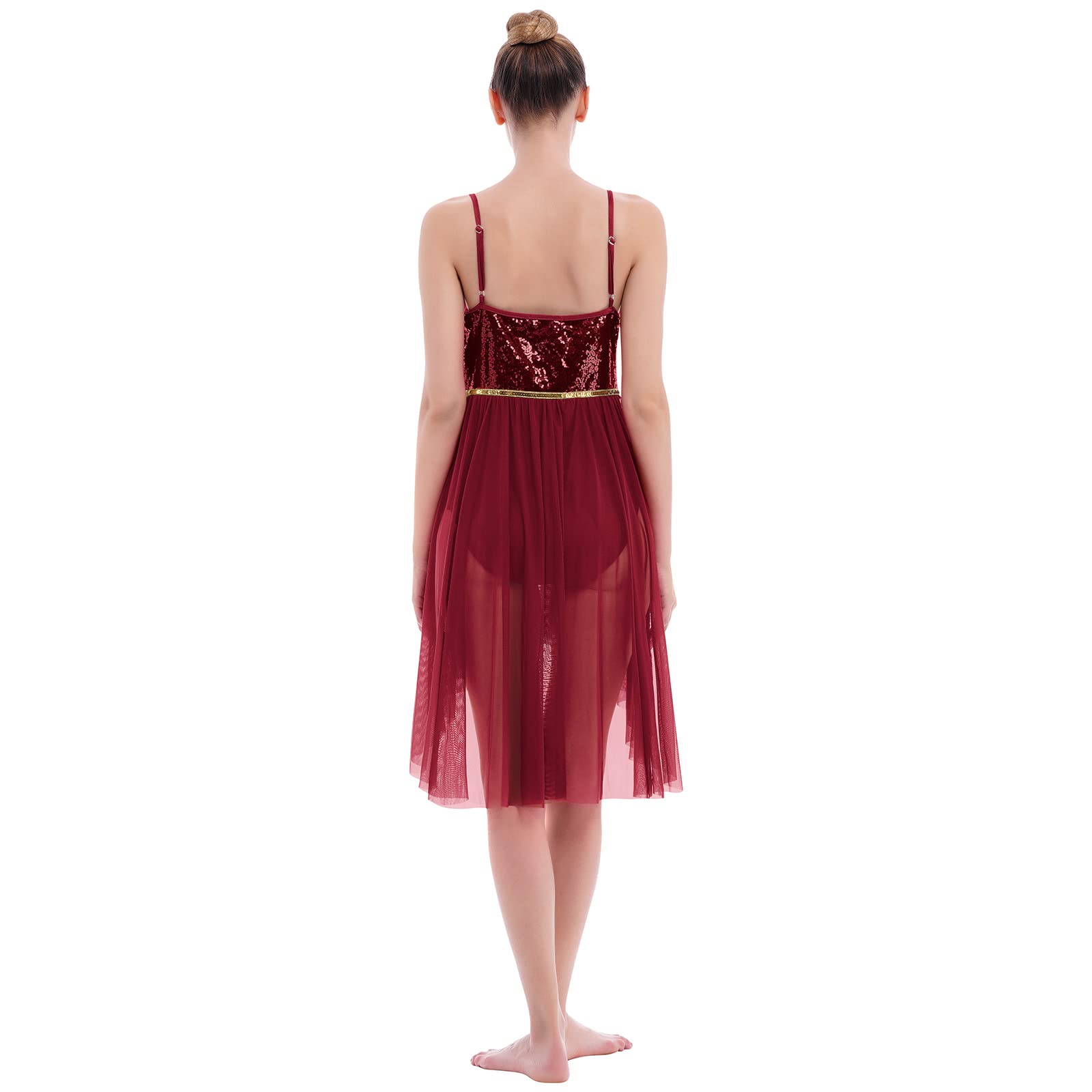 AFAVOM Sequin Lyrical Dance Dress for Women Adult Contemporary Dance Costume Halter V-Neck Backless Camisole Leotard with High Low Flowy Mesh Skirt Lyrical Dancewear Ballet Outfit Wine Red X-Small