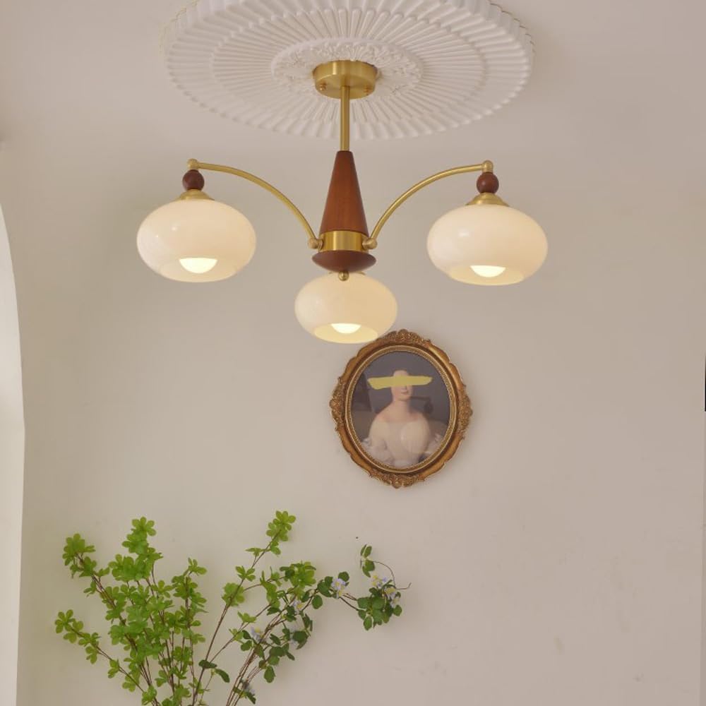 ZTCHSENZT Copper 5-Light Mid Century Modern Round Chandelier with Orange Milk Glass Shade Pendant Lamp Gold Hanging Ceiling Light, Wall Lamps, Milky White, zq-1103,Milky White-3 lights