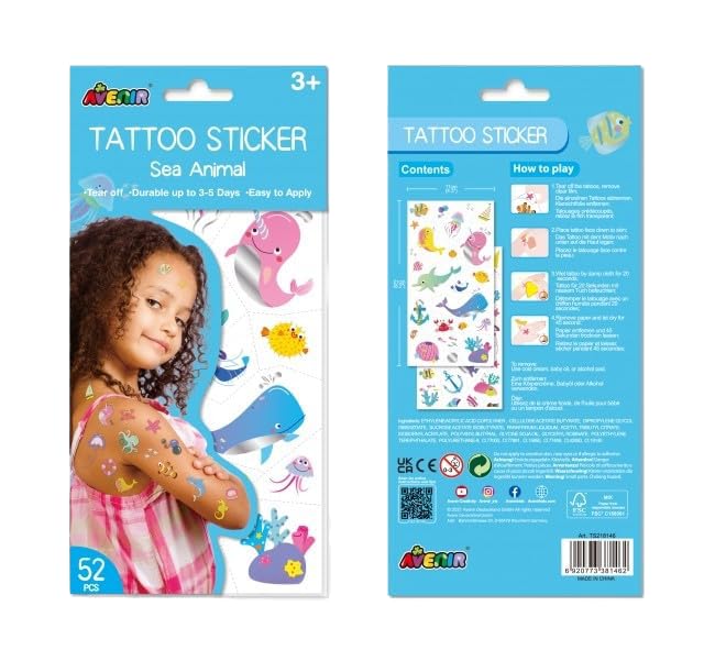 Avenir Tattoo Sticker - Sea Animal | 52pc Set of Temporary Tattoos - Water-Based Ink - Safe and Easy to Apply and Remove - Lasts 3-5 Days for Kids 3+