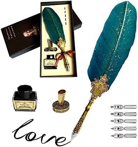 Xiangmall Penna Piuma D Oca Quill Pen Penna Stilografica Antica con Pennini di Ricambio Inchiostro per Regalo Compleanno Natale (verde)