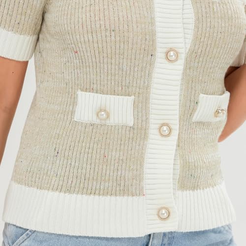 Image of Womens Short Sleeve Button Down Cardigans Sweater Cropped Lightweight Crew Neck Elegant Knit Tops with Pockets