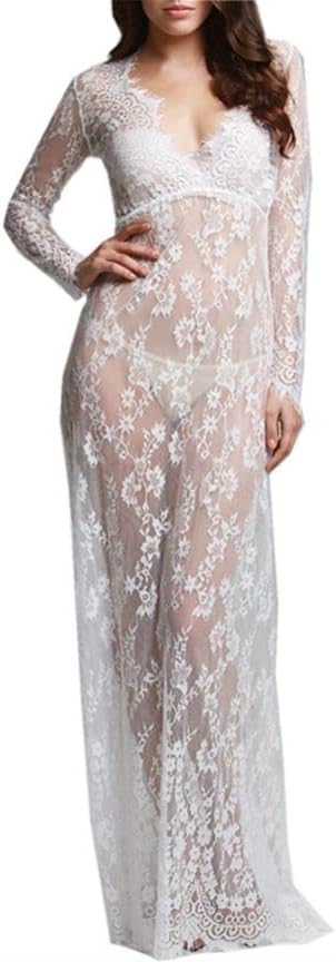 Sexy Deep V-Neck Long Sleeve Lace Beach See-Through Maternity Maxi Dress