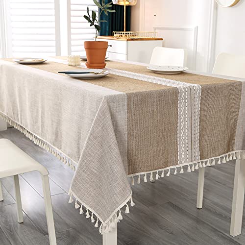 SUCHDECO Nappe Rectangulaire Kaki Anti-Taches Nappe de Table en Coton et Lin Nappe Tassel Nappe Lavable Moderne Tablecloth Imperméable pour Table de Salle à Manger, 140 x 220 cm Cover