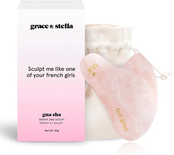 grace & stella Gua Sha Massage Tool, Rose Quartz, Face Sculpting, Lymphatic Drainage, Depuffing