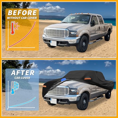 Image of Universal Car Cover Waterproof All Weather 190T Polyester, UV Sun Rain Protection, Fits for Truck Length 221 inch-228 inch, with Left Side Zipper, Black & Blue