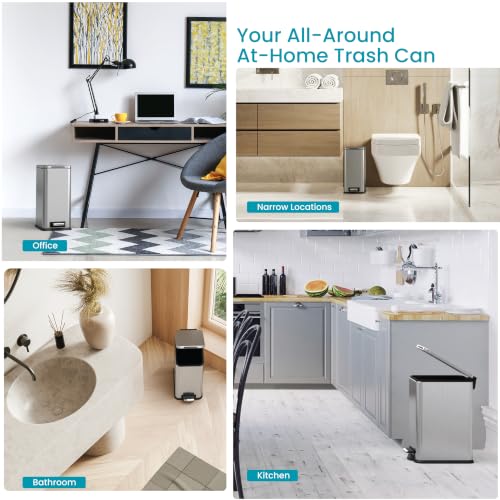 Image of Home Zone Living 4 Gallon Stainless Steel Slim Kitchen Trash Can | Stainless Steel with Soft-Close Step Pedal Lid, Bag Tuck Band for Easier Bag Changes, Rectangular Shape, Silver