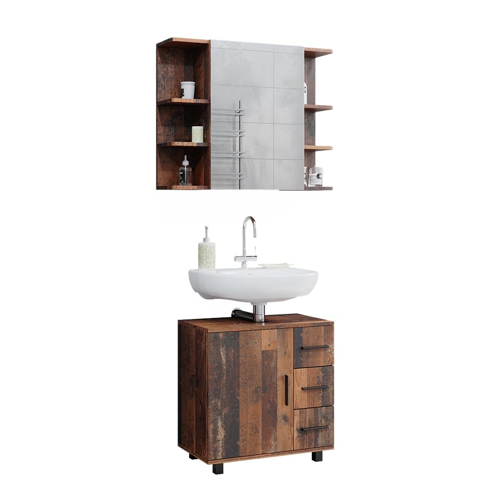 Vicco Set di mobili da bagno Ilias, Rovere rustico, 60 cm, composto da specchio da bagno e mobile sottolavabo