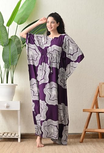 Image of Ichaa Women's Pink Rayon Printed Round-Neck Kaftan-Style Free Size Nighty with Drawstring