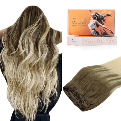 Image of DOORES Sew in Hair Extensions - Real Human Hair, Ash Brown to Platinum Blonde 14 Inch 100g, Natural Straight Style for Women