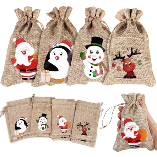 FINGOOO Christmas Jute Burlap Gift Bag, 12 Pieces Drawstring Bag Candy Pouch Snack Sack for Kids Xmas Party Favour