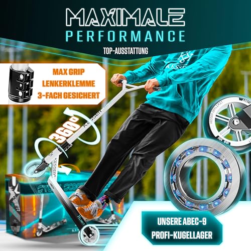 KESSER&reg; Stunt Scooter X-Limit - 360&deg; Lenkung Robuster Funscooter Stuntscooter mit ABEC 9 Kugellagern, 100 mm PU R&auml;der, Kickscooter Tretroller Cityroller Trick Roller f&uuml;r Kinder Erwachsene, Wei&szlig;