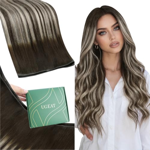 Image of Ugeat 24 Inch Genius Weft Hair Extensions Brown Balayage 80G #4 /18 /4 | Genius Weft Human Hair Extensions, Dark Brown Mix Ash Brown Balayage, Real Human Hair, Natural Looking