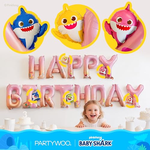 Image of PartyWoo Baby Shark Pink Happy Birthday Banner Letter Balloons 16 Inch Pink Mylar Foil Letter Balloons for Girls and Boys Baby Shark Under the Sea Ocean Theme Kids Birthday Party Decorations