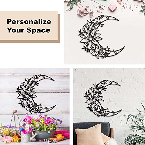 Vivegate Moon Metal Floral Art Decor - 14"X13.5" Black Boho Large Floral Moon And Star Phase Wall Signs For Half Moon Flower Sculpture Hanging Wall Decor For Bedroom #TOP5