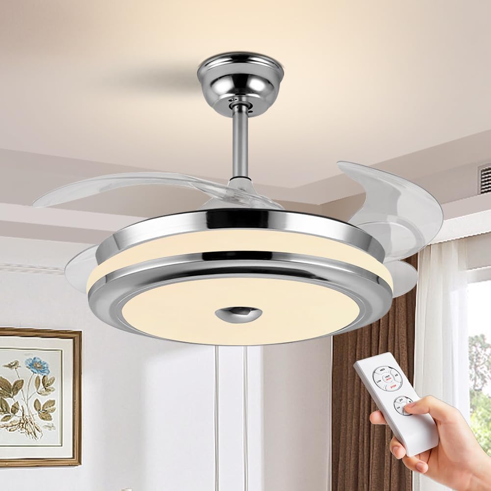 Modern LED Invisible Ceiling Fan Light with Remote Control Retractable Fan Blades Chandelier Silver Fandelier Pendant Ceiling Light Fixture for Home Living Room Dining Room Decor (36-Inch)