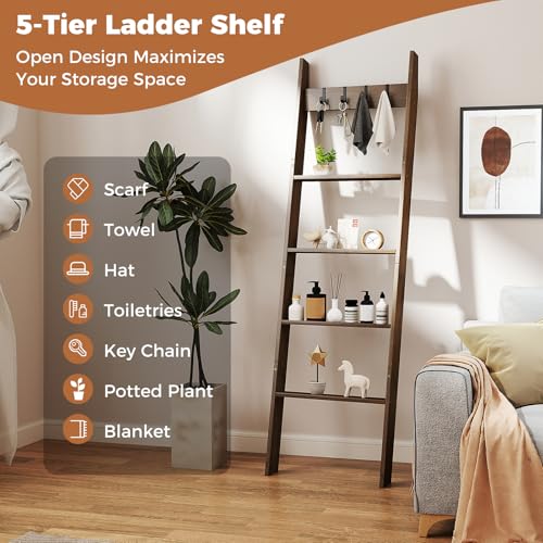 COSTWAY Bamboo Blanket Ladder, 5-Tier Towel Rack Ladder Shelf with 4 Removable Hooks, Farmhouse Decorative Wall Leaning Storage Shelving Unit Blankets Towel Holder for Bathroom Bedroom - Cosy Home Interiors COSTWAY Bamboo Blanket Ladder, 5-Tier Towel Rack Ladder Shelf with 4 Removable Hooks, Farmhouse Decorative Wall Leaning Storage Shelving Unit Blankets Towel Holder for Bathroom Bedroom - Image 5