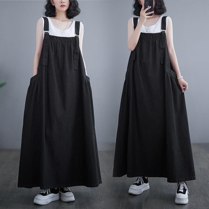 Denim Jumper Dress for Women Loose Version Baggy Style Maxi Length Adjustable Straps Wide Hemline - Image 4