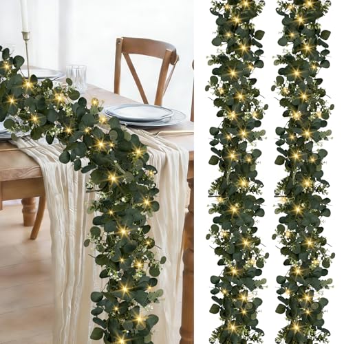 Eucalyptus Garland with Lights 2 Packs 6FT Artificial Lighted Garland Spring Summer Green Faux Garlands for Indoor Outdoor Home Decor Table Runner Wedding Arches Centerpieces Backdrops Decor