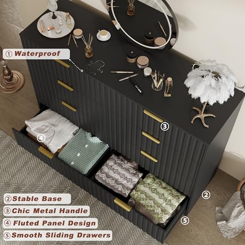 Image of Fluted 8 Drawer Dresser for Bedroom, 55 inch Wide Modern Wooden Chest of Drawers with Metal Handles, TV Stand & Closet Storage Organizer for Living Room,Hallway, Black