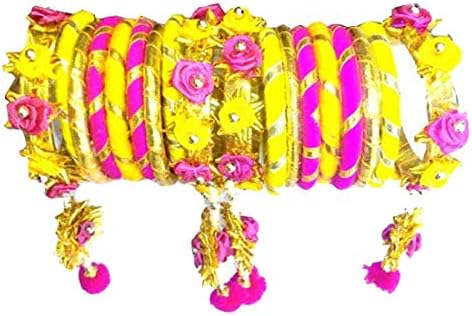 Floret Jewelry Pink Gota Patti Floral & Wool Metal Bangles for Women and Girls