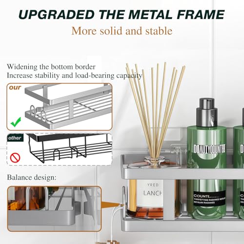 Image of Youvip Adhesive Shower Caddy, 3 Pack Shower Shelves with Soap Holder and 12 Hooks, Rustproof No Drilling Bathroom Organizer and Storage, Silver