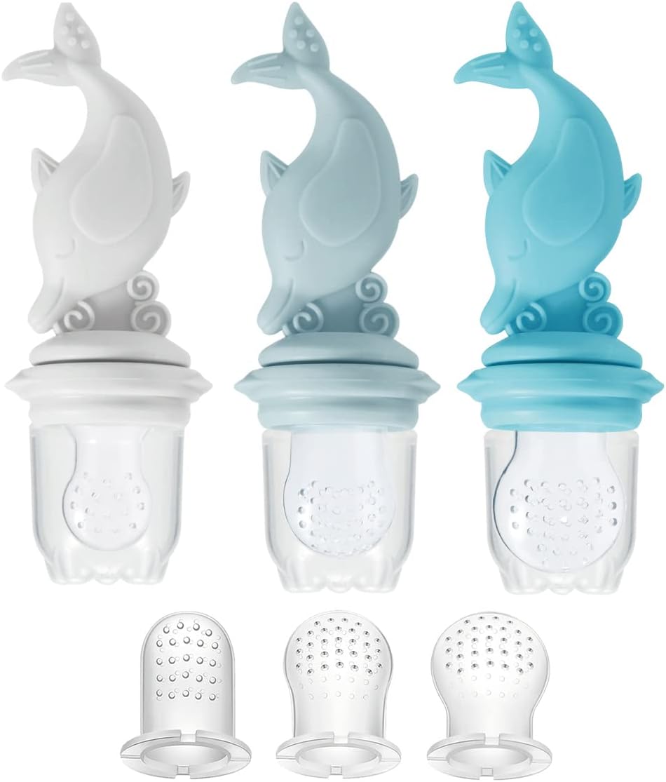 PandaEar 3 Pack Silicone Baby Food Fruit Pacifier Feeder| Silicone Feeder Fruit Holder Sucker for Baby Infant with 3 Different Size Silicone Pouch| Teething Feeder, Dolphin