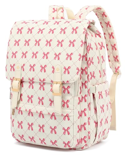 Image of Corduroy Laptop Backpack for Women, Fits 15.6 Inch Computer Bag, College Bookbag Travel Daypack Purse, Work Business Bags - Corduroy Bow Pink