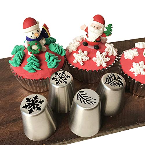 4 PCS Christmas Pastry Icing Piping Nozzles,Special Stainless Steel Russian Piping Tips Set,Cake Decorating Tools(1 Christmas Tree,2 Snowflake,1 Leaf)