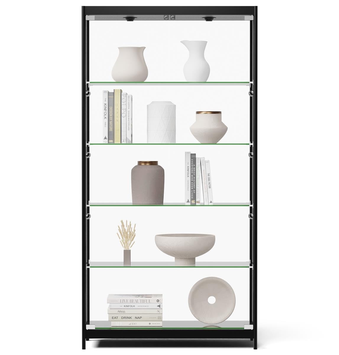 Displays2go Black LED Trophy Showcase, Locking, LED Lighting, Tempered Glass, Laminated MDF & Aluminum – Black (LESC10478B)
