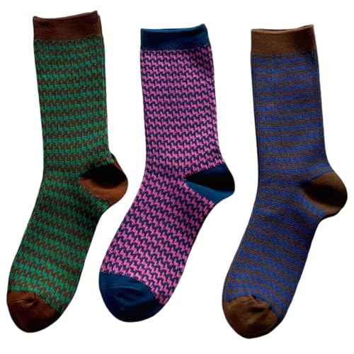 Image of Women Retro Colorful Socks, 3Pairs Slouchy Tube Quarter Crew Socks for Women Patterned Fall Knit Cotton Cute, Vintage, Fashion Size 5-9