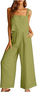 Linen Two Piece Sets For Women Summer Beach Vacation Outfits 2024 Crop Tank Top Wide Leg Pants Matching Lounge Set