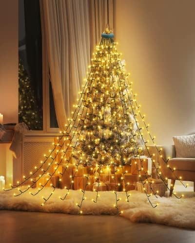 Dekofun 400 LED Christmas Tree Lights with Ring 2m x 16 Strands Christmas Tree Net Lights Mains Powered, 8 Modes Outdoor Waterproof Waterfall String Lights for Xmas Tree Decorations - Warm White