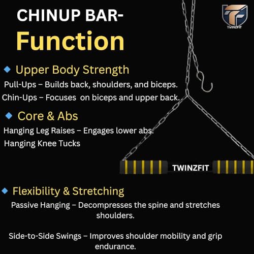 Image of Heavy-Duty Chinup Up Bar with Adjustable Hanging Chain Capacity - Upper Body Strength Trainer for Home Gym - Doorway Fitness Bar for Chin-Ups, Muscle Training, Height Growth and Back Exercises Kids & Adults 1 Year Warranty