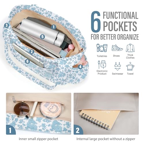 Corduroy Tote Bag for Women, Large Capacity Cute Tote Bags With 6 Pockets, Laptop Tote Bag Crossbody Shoulder Handbag Teacher Nurse Bags for Work Travel Gym(Blue Flowers) - image 5