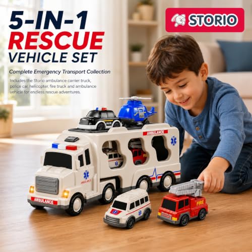 Image of Storio 5 in 1 Ambulance Truck Toy for Kids 3-5 Years Boys Girls | Transport Carrier Vehicle Set with Police Car Fire Truck Helicopter | Friction Powered Light Sound Toys for 3 4 5 6 7 8 9 Years
