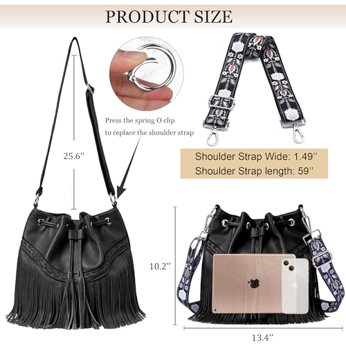 Image of Sunwel Fashion Women Bucket Fringe Hobo Bag Western Purse Vegan Leather Tassel Hippie Shoulder Crossbody Bag