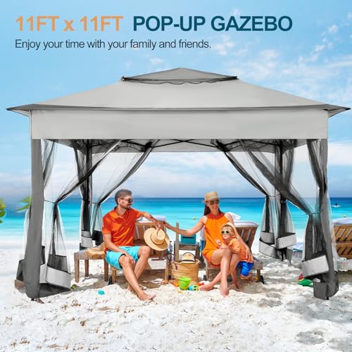 Image of HOTEEL 11x11 Pop Up Gazebo with Mosquito Nettings Waterproof Outdoor Gazebo with Double Roof Patio Gazebo Tent for Backyard, Garden, Lawn, Parties Gazebo with Vented Roof and Carry Bag (Dark Gray)