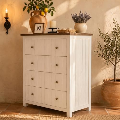 Image of Solid Wood Madrid Chest of Drawers | Drawer Chest with 4 Drawers | Wooden Drawer Storage Cabinet | Finish- White