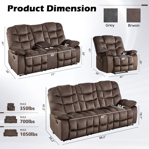 Image of HAOMARKETS 3 Pieces Recliner Sofa Furniture Set, Power Recliner Chair with Message& Heat, Manual Loveseat Sofa with Hidden Storage and Cup Holders and 3-Seater Reclining Couch for Living Room, Brown