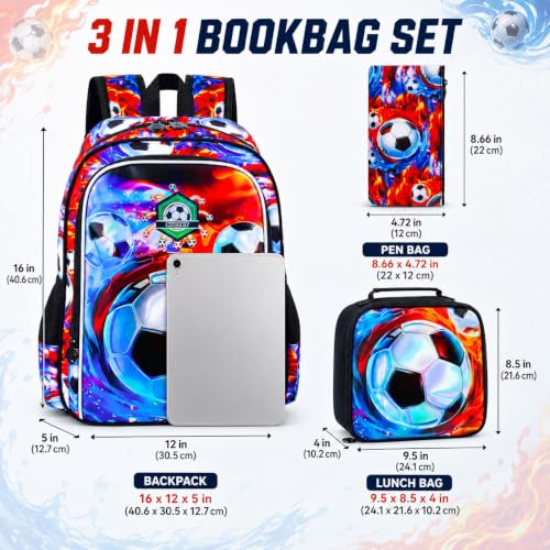 Image of 17 inch Soccer Backpack for Boy, 3Pcs Football School Backpacks with Lunch Box, Kids Bookbag for Elementary Preschool Kindergarten(Ice and Fire)