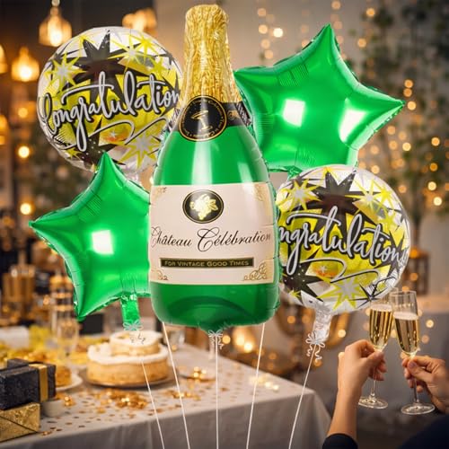 Image of Rozi Decoration Champagne Bottle Congratulation Theme Foil Balloon Set of 5 (Champagne Green- 58326)