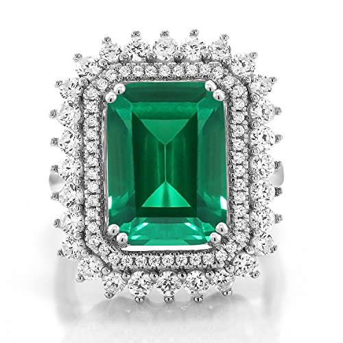 Gem Stone King 5-10 Cttw Emerald Cut Halo Ring For Women | 925 Sterling Silver | Gemstone Birthstone | Emerald Cut 14X10MM | Wedding Anniversary Promise Statement Ring | Available In Size 5-92