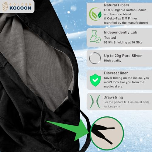Golden Kocoon® -E-M-F Organic Cotton & Bamboo Viscose Hood in Black with EcoShield™ Tech Bamboo Lyocell Faraday Fabric Silver Liner -Cover Head & Neck-5 g, BT, Smart Meters & WiFi-Cocoon Hat Cap2