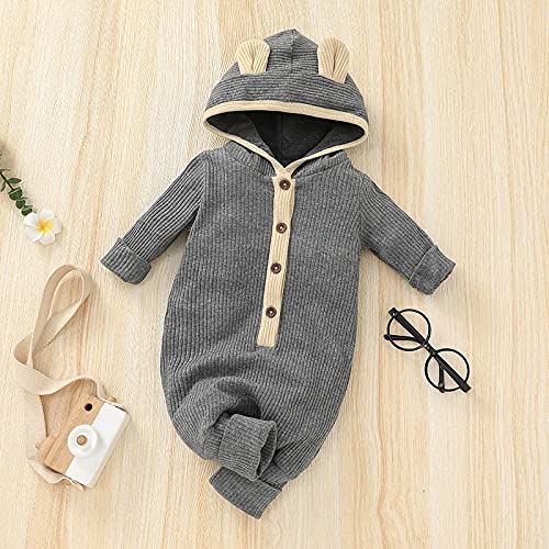 Thorn Tree Newborn Baby Girl Boy Hooded Romper Unisex Baby Ribbed Clothes Infant Neutral Baby Winter Outfits (Gray,6-9 Months)