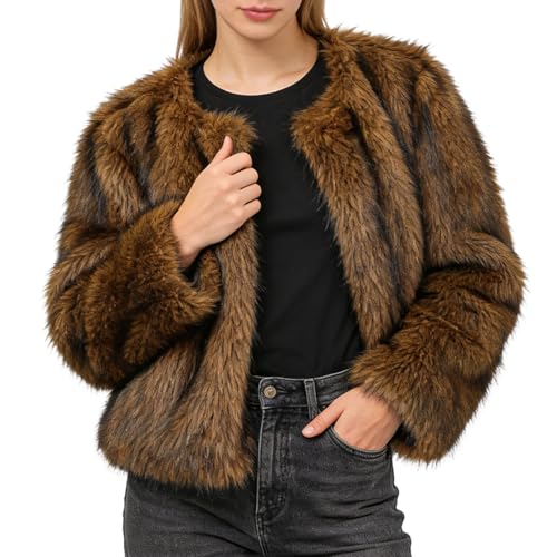 Amazhiyu Pelzmantel Damen, Plüschjacke Kurz Kunstpelz Mantel Kunstfell Jacke, Felljacke Pelzjacke Fleecemantel Langarm Faux Fur Coat, Wintermantel Offenem Kragen Mit Pockets, Khaki, S