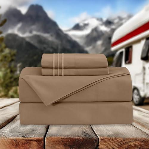 Image of Elegant Comfort Luxurious 1500 Premium Hotel Quality Microfiber Three Line Embroidered Softest 4-Piece Bed Sheet Set, Wrinkle and Fade Resistant, RV Short Queen, Taupe