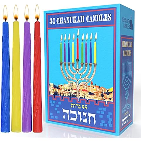 Jerusalem Candles Colorful Hanukkah Candles - Standard Size Fits Most Menorahs - Premium Quality Wax - Colored Chanukah Candles - 44 Count for All 8 Nights of Hanukkah Cover