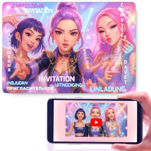 Efecto WOW Tarjetas de invitación fiesta de cumpleaños K-Pop con animación de vídeo AR(Realidad Aumentada) - Invitaciones cumpleaños mágicas e interactivas para niños y niñas - Lote de 12 invitaciones
