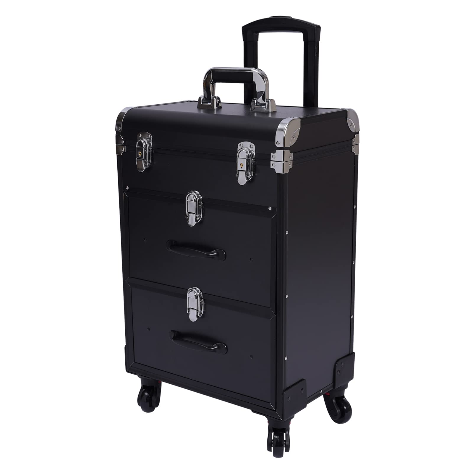 QIUTMER Professional Rolling Makeup Train Case with Drawers, 110 Load Capacity Cosmetic Trolley with Locks, Aluminum Alloy Make up Case for Travel Makeup/Nail Art/Hair Styling, Black