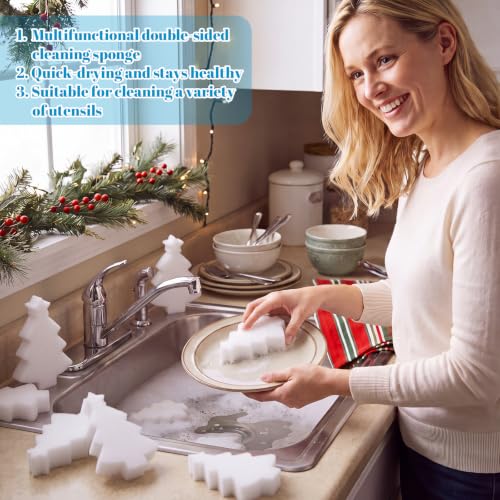 Image of Tioncy 12 Pack Christmas Tree Kitchen Sponges Bulk White Christmas Tree Dual Sided Scrubber Sponges Dishwashing Kitchen Cleaning Accessories for Home Decor Household Supplies